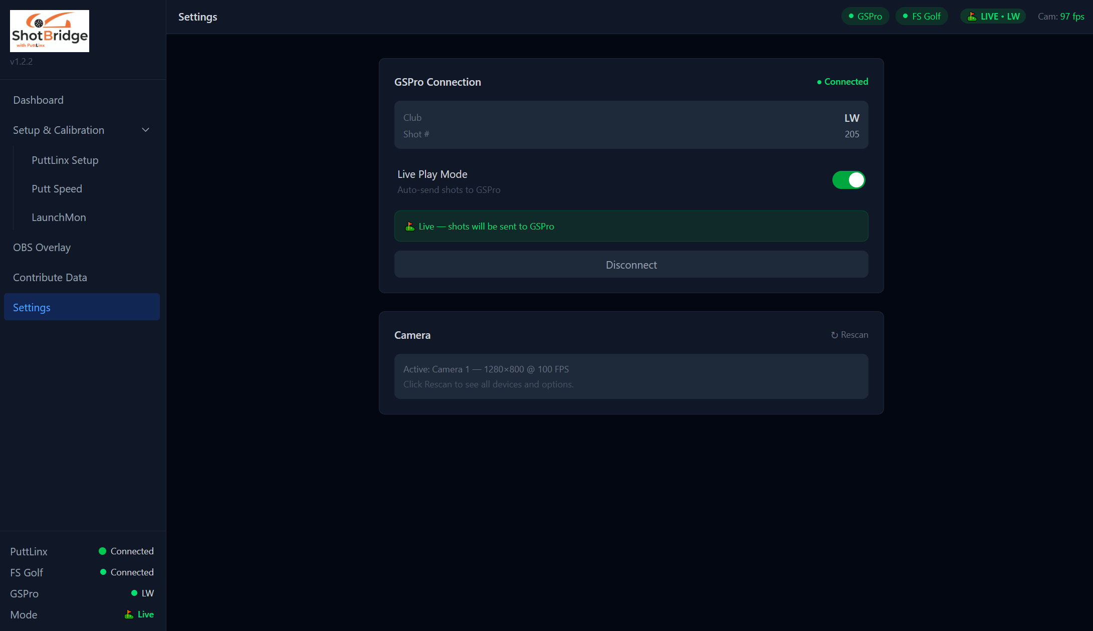 Settings page showing camera selection