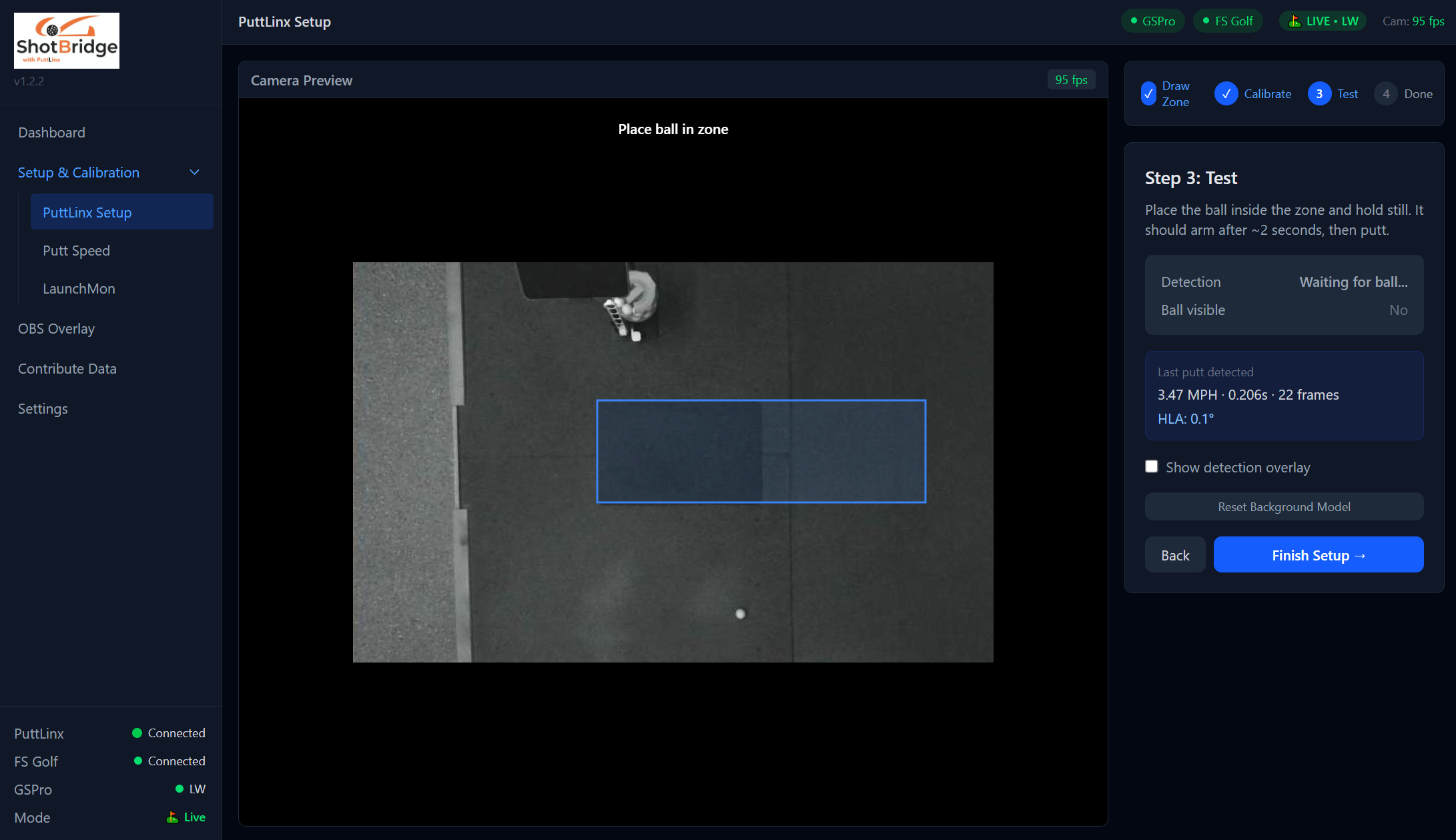 Test step showing putt detection results